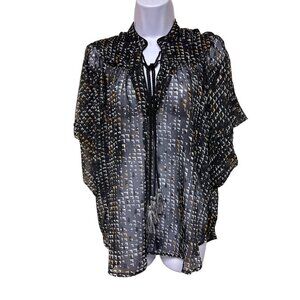 NEW! Badgley Mischka Black White Sheer Button Tassle Blouse Women's Small
